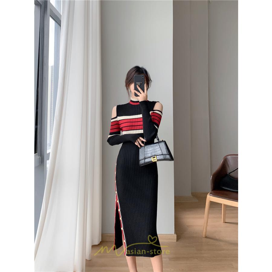 ニットワンピース | ワンピース 秋 秋服 レディース ニット ロングワンピース ロング 長袖 肩出し 秋冬 送料無料 セクシー フェミニン デート 春 お出かけ 結婚式 暖か 通勤