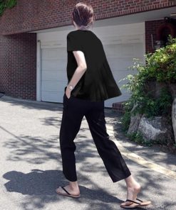 ｔシャツ・カットソー | Tシャツ レディース トップス 夏 半袖 可愛い 無地 切り替え 後ろプリーツ 黒 プルオーバー 体型カバー シンプル OL 大人 夏服 サマー