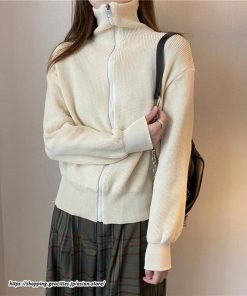 カーディガン | ニットレディース トップス リブニット ジップアップ ハイネック 羽織り 長袖 カーディガン ジャケット ライトアウター ニット セーター