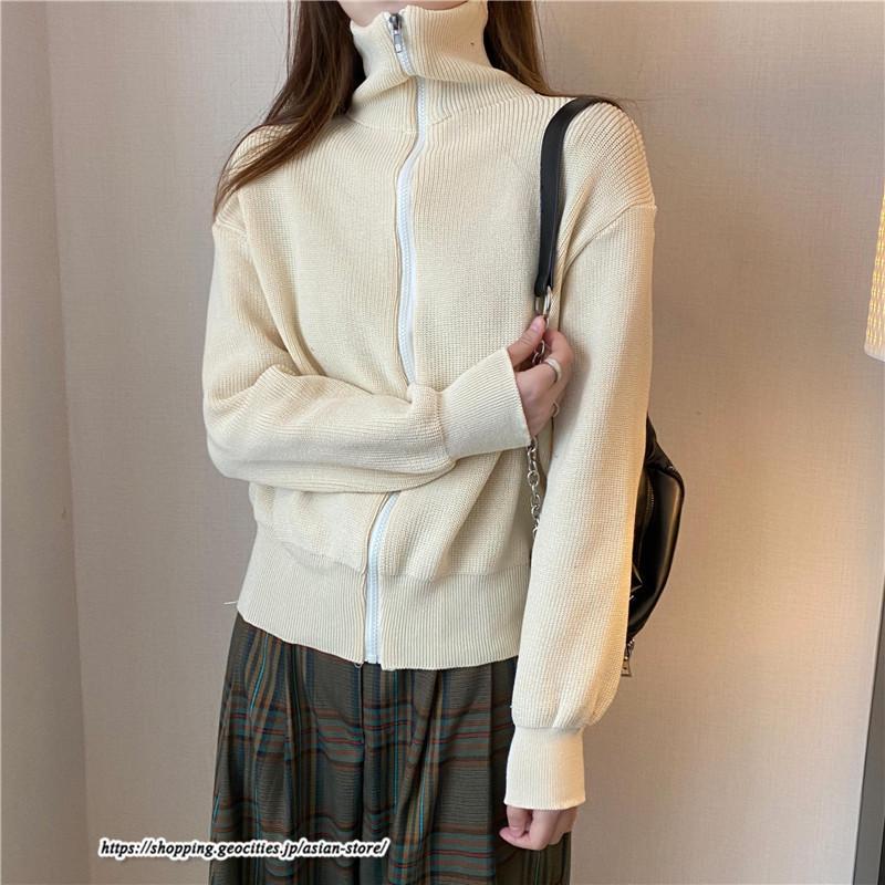 カーディガン | ニットレディース トップス リブニット ジップアップ ハイネック 羽織り 長袖 カーディガン ジャケット ライトアウター ニット セーター