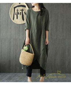 マキシ | 長袖ワンピース 綿麻 無地 Aライン 春物 カワイイ ミモレ丈ワンピース 春コーデ ワンピ 体型カバー ゆったり 20代30代 通学通勤 部屋着