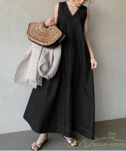 マキシ | ワンピース ノースリーブ デニムワンピース ロングワンピース マキシ丈 Vネック Aラインワンピース 無地 ゆったり 広い裾 夏ワンピ 30代40代50代 大人