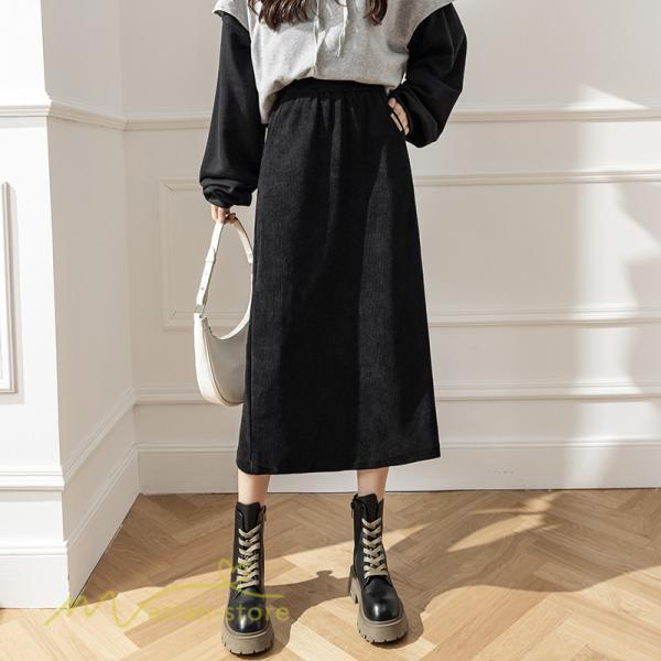 スカート | Aライン秋冬コーデ ウエストゴム カジュアル 20代 30代 着痩せ 秋 冬 ひざ下丈 パイル地 OL 40代 ポケット ビジネス 50代 裾口スリット