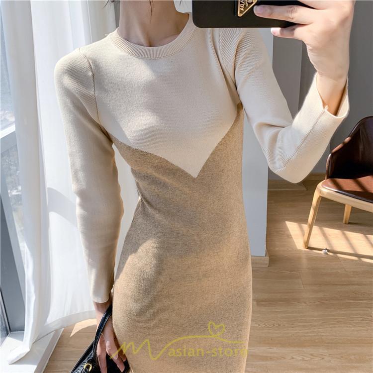 ニットワンピース | ワンピース 秋 秋服 レディース ニット ロングワンピース ロング 長袖 冬 冬服 タイト 切り替え 着痩せ お出かけ 韓国風 20代30代40代50代 通勤 2022新作