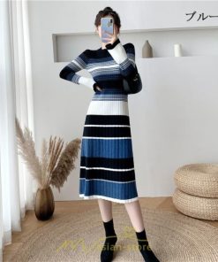 ニットワンピース | ワンピース レディース ニット ワンピース ニット チュニック ロング 長袖 着痩せ 秋冬 送料無料 ボーダー柄 2022新作 韓国風 秋冬コーデ 大人可愛い