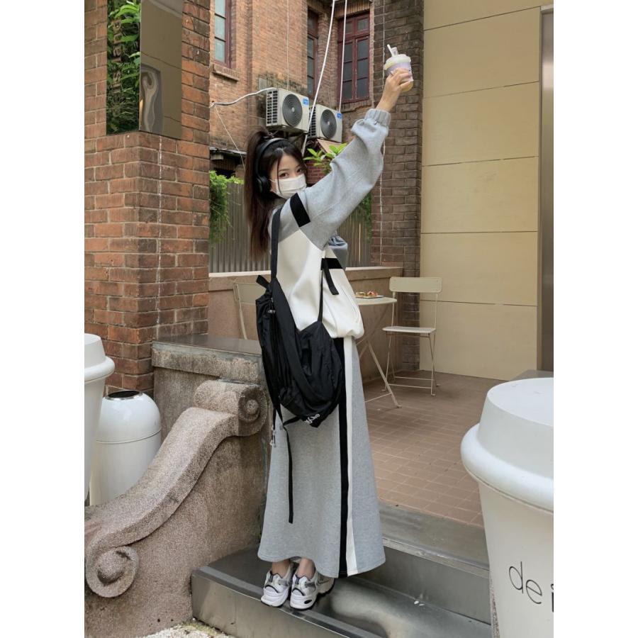 スカート | スウェット秋冬 レディース ドッキング ロングジャケット パーカー スウェット アウター 無地 ボトムズ 運動 ウエストゴム ジップアップ