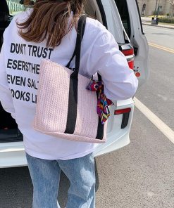 ハンドバッグ | 草編みバッグ リボン スカーフ付き かごバッグ 手提げバッグ レディース ストローバッグ 大容量 トートバッグ ハンドバッグ