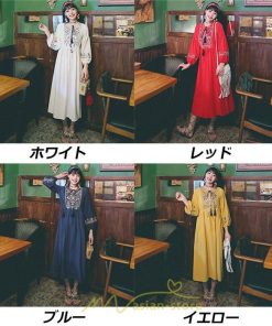 マキシ | ワンピース 長袖 夏 秋 レディース 綿麻 きれいめ ロング リゾート  体型カバー イベント デート デート服 ジャーニー 女子会 旅行 外出 楽ちん エスニック風