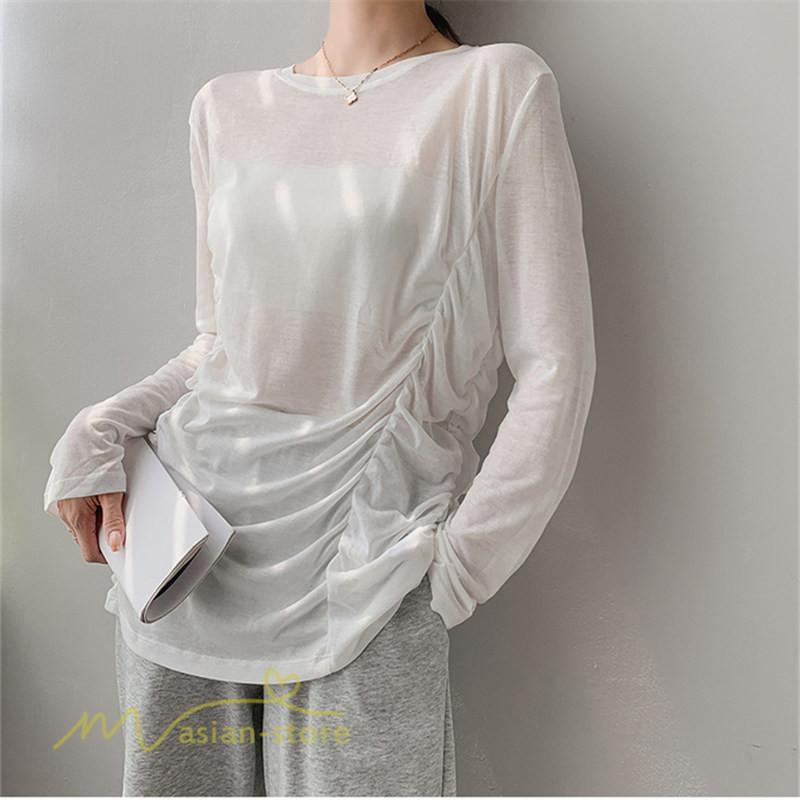 tシャツ・カットソー | Tシャツ Tシャツ レディース 無地 長袖 トップス カジュアルTシャツ おしゃれ クルーネック 秋服 夏秋 インナー 日常感 大きいサイズ 薄手 タック ゆったり 上品