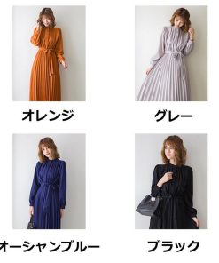 マキシ | ワンピースプリーツワンピース ロングフレアシフォンワンピース 二次会 ドレス 無地長袖リゾート ウエストリボン付き 通学通勤 エレガント M S L XL 可愛い