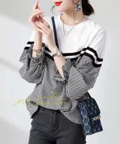 シャツ・ブラウス | ドッキングブラウス レディース シャツ 長袖 秋物 トップス 切り替え ブラウスシャツ 異素材 秋コーデ ロングスリーブ スリム 長袖Tシャツ チェック柄 無地