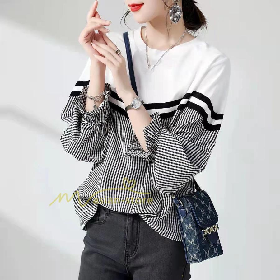 シャツ・ブラウス | ドッキングブラウス レディース シャツ 長袖 秋物 トップス 切り替え ブラウスシャツ 異素材 秋コーデ ロングスリーブ スリム 長袖Tシャツ チェック柄 無地