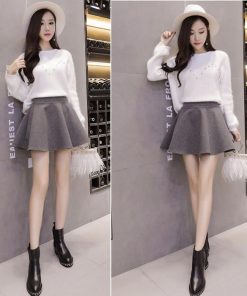 スカート | 秋冬ツイードフレアミニウエストゴム Aラインハイウエスト 無地 黒可愛い 膝上丈 大人 30代