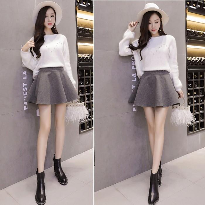 スカート | 秋冬ツイードフレアミニウエストゴム Aラインハイウエスト 無地 黒可愛い 膝上丈 大人 30代