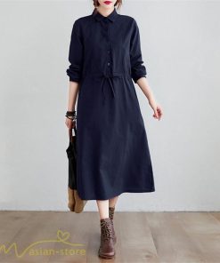ワンピース | 長袖綿麻Aラインレディース ロングミモレ丈 無地 シャツカワイイ 大人 ワンピ