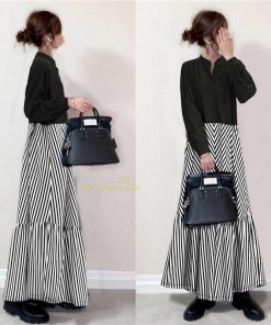 マキシ | ロングワンピース 秋冬ワンピース ストライプワンピース 切り替え フェイク レイヤード風 レディース スタンドカラー 秋冬服 30代40代50代 秋服春 秋服 秋物