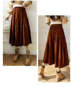 スカート | ロングティアードAラインミモレ丈 フレアビロードウエストゴム ハイウエスト 秋冬 無地 ゆったり