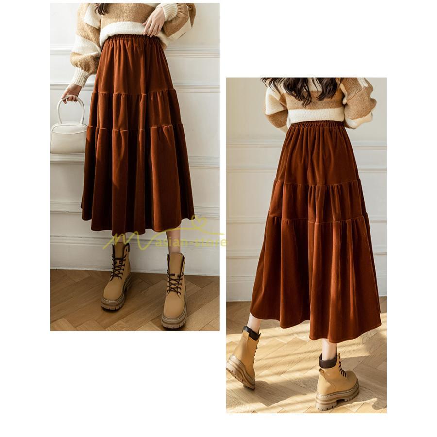 スカート | ロングティアードAラインミモレ丈 フレアビロードウエストゴム ハイウエスト 秋冬 無地 ゆったり