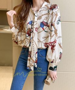 シャツ・ブラウス | ブラウス レディース 長袖ブラウス 秋服 オフィスブラウス リボンネック オシャレブラウス プリントトップス 韓国風 上品 大人 ゆったりシャツ40代 通勤OL 夏物