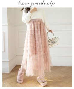スカート | ロングレディース ティアードチュールプリーツおしゃれ 無地 可愛い カジュアル 韓国風 20代 40代 50代 30代