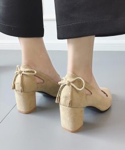 パンプス | スエード調 ポインテッドトゥ チャンキーヒール スエード太ヒール ストラップなし スリップオン バックリボン 無地 大きいサイズ ミドル
