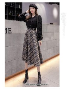 スカート | ロングミモレ レディース フレア Aライン ハイウエスト おしゃれ ゆったり ひざ下 体型カバー チェック柄 ラシャ ベルト付き 30代 20代 40代