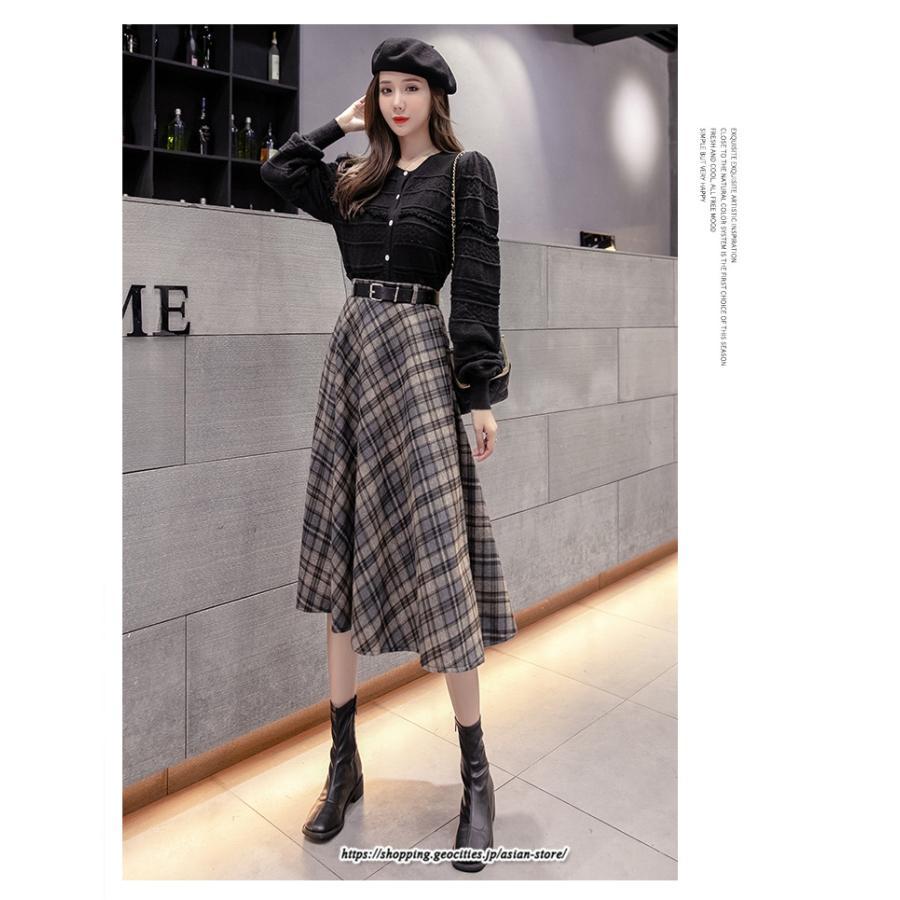 スカート | ロングミモレ レディース フレア Aライン ハイウエスト おしゃれ ゆったり ひざ下 体型カバー チェック柄 ラシャ ベルト付き 30代 20代 40代