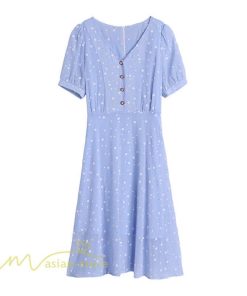 ミディアム | ワンピース レディース 着痩せ 半袖 Vネック カジュアル Aラインワンピース 大きいサイズ 上品 ドット柄 気質 春 新作 サマーワンピース 夏 おしゃれ