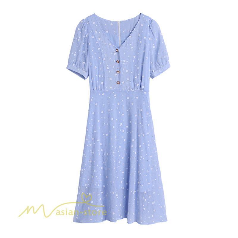 ミディアム | ワンピース レディース 着痩せ 半袖 Vネック カジュアル Aラインワンピース 大きいサイズ 上品 ドット柄 気質 春 新作 サマーワンピース 夏 おしゃれ