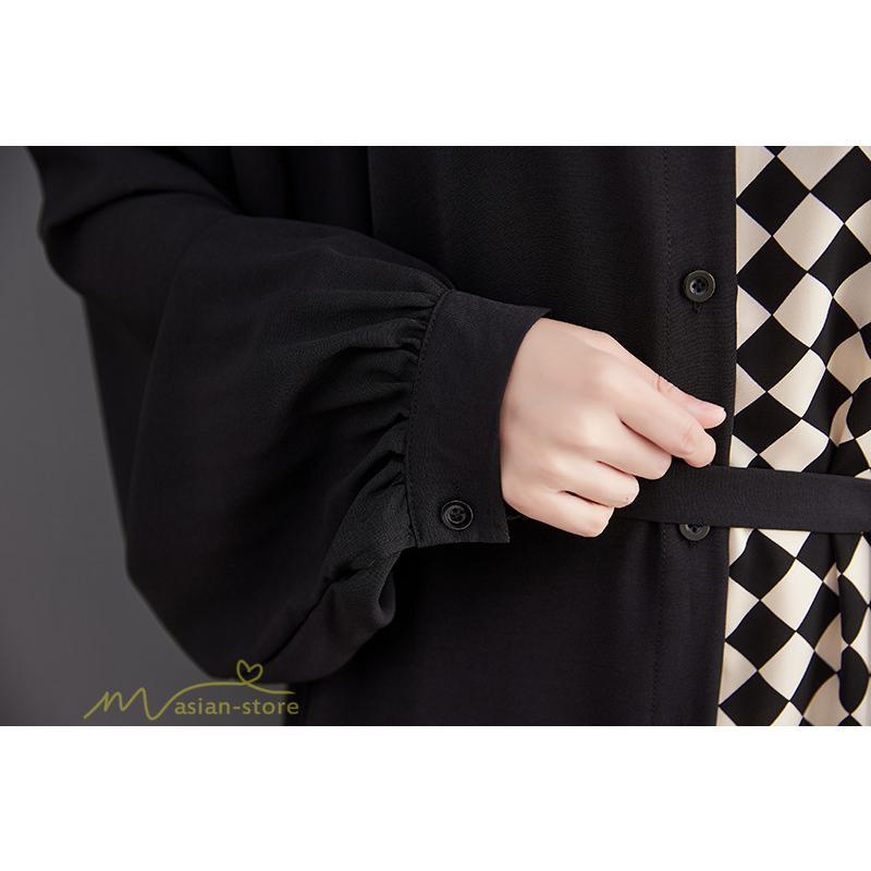 シャツワンピース | ワンピース 長袖 秋 新作 チェック柄 ゆったり 切り替え フリーサイズ ウエストリボン 体型カバー シンプル 大人 バルーンスリーブ 前開き