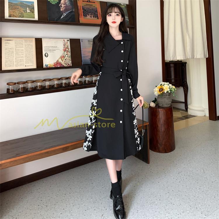 マキシ | ロングワンピース 秋物 レディース ミモレ丈 Aラインワンピース 切り替え フェイク レイヤード風 シャツワンピ お呼ばれワンピース 30代40代 着やせ 重ね着風