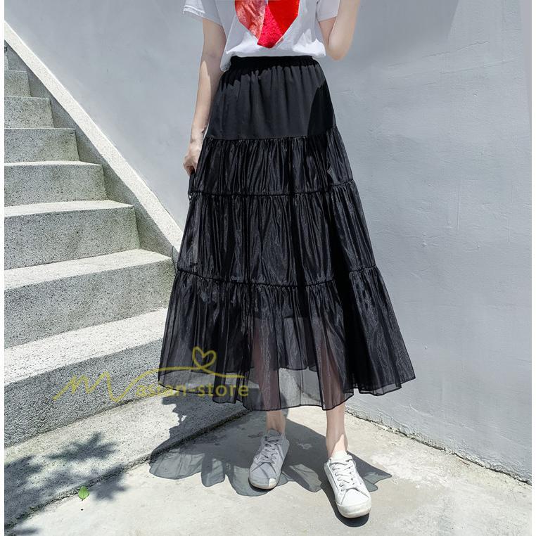 スカート | レディース チュール春夏 コーデ ウエストゴム ロングフレア着痩せ 通勤 カジュアル ドッキング プリーツ通学