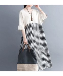在庫ある | 短納期ロングリネンAラインワンピース ゆったりチェックワンピース 切り替えドッキングワンピ レディース 薄手 春夏衣装 通学通勤 オフィス カジュアル 海