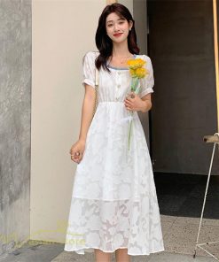 ミディアム | ワンピース レディース 着痩せ スクエアネック 上品 可愛い 半袖 ハイウエスト 透け感 Aラインワンピース 韓国風 20代 お出かけ 通勤通学 30代 きれいめ 40代