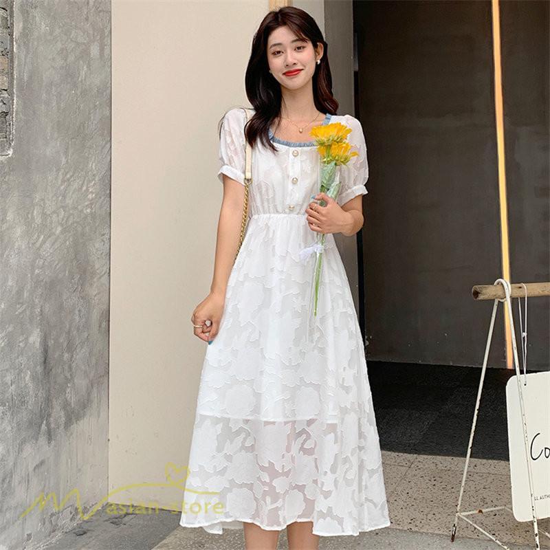 ミディアム | ワンピース レディース 着痩せ スクエアネック 上品 可愛い 半袖 ハイウエスト 透け感 Aラインワンピース 韓国風 20代 お出かけ 通勤通学 30代 きれいめ 40代