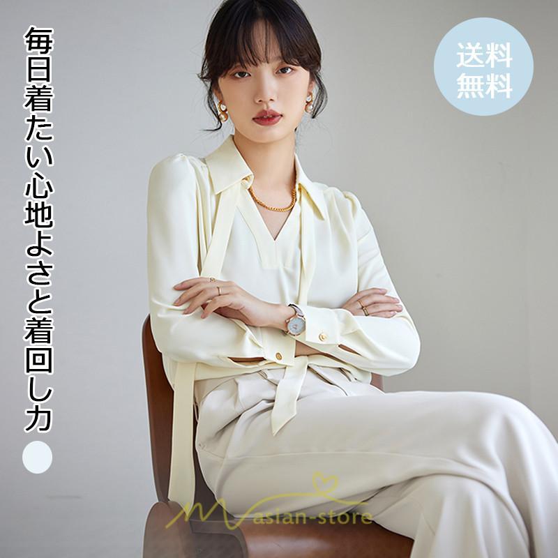 シャツ・ブラウス | ブラウス レディース シャツ トップス Vネック 長袖シャツ 無地 オフィス カジュアル おしゃれ シフォン 着痩せ OL リボン 通勤 20代30代40代50代