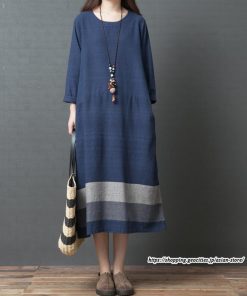 マキシ | リネンワンピース50代レディース綿麻風 長袖秋物 丸ネック 無地 Aラインワンピース ミモレ丈ワンピース サイドポケット ワンピース 30代40代 シンプル 大人