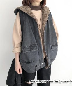 ベスト | ファーレディース 秋冬 デニムフード付き ミドル丈 両面 リバーシブル ジップアップ ファー 厚手 アウター 20代50代 大人 カワイイ 防寒 防風