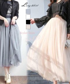 ロングスカート | ロング グレー フレアスカート 春夏 黒 ウエストゴム チュールスカート マキシスカート ミモレ丈スカート白