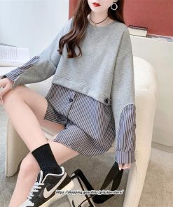 パーカー | 重ね着風トレーナー レディース 長袖 トップス カジュアル スウェット ストライプ柄 ゆったり トレーナー トップス きれいめ レイヤード風 可愛い 切り替え