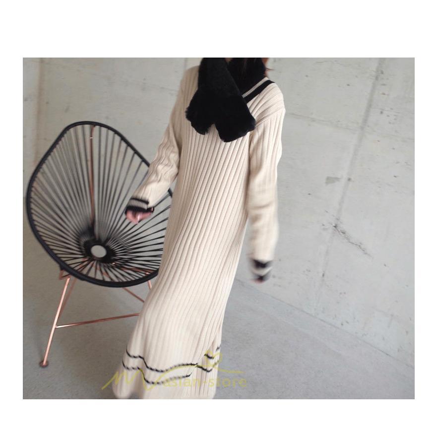 在庫ある | 短納期ロングニットワンピース ロングワンピ カットソー 長袖 トップス Vネック ゆったりセーターニット 体型カバー OL ストレートニットワンピ 通学通勤