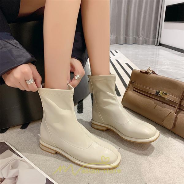 ショートブーツ | ブーツ レディース グランドトゥ 痛くない 歩きやすい 疲れない 滑りにくい 履きやすい ブラック オフホワイト カーキ ブラウン 22.5cm-25cm 黒