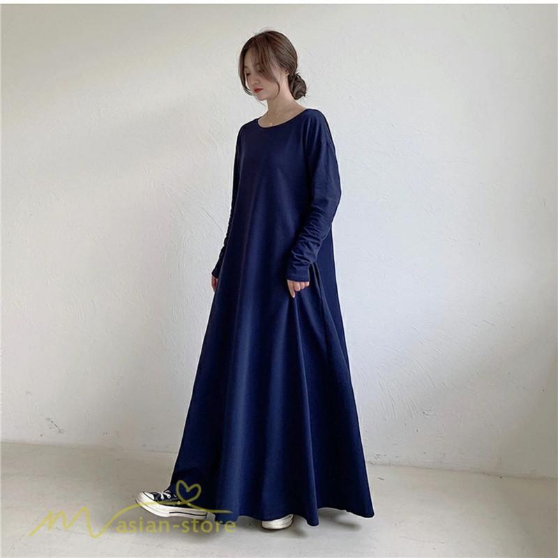 マキシ | Aラインワンピース ワンピース レディース 無地 長袖 マキシワンピース プルオーバー カジュアル 20代 30代 ゆったり 体型カバー フレア 40代 50代 おしゃれ