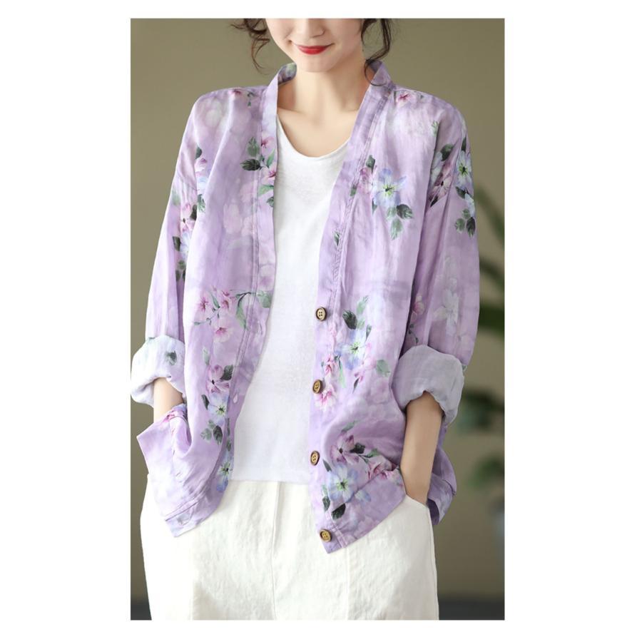 カーディガン | 麻混 レディース 花柄 初秋 リネン カジュアル Vネック 長袖 羽織 きれいめ 春 夏 秋 薄手 おしゃれ 40代50代 ゆったり 20代30代 大きいサイズ