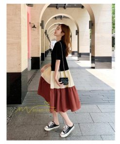 ミディアム | フレアワンピース 半袖 夏物 レディース ロングワンピース ミモレ丈 ギャザー Aラインワンピース 揺れる 大人 切り替え 20代30代 可愛い