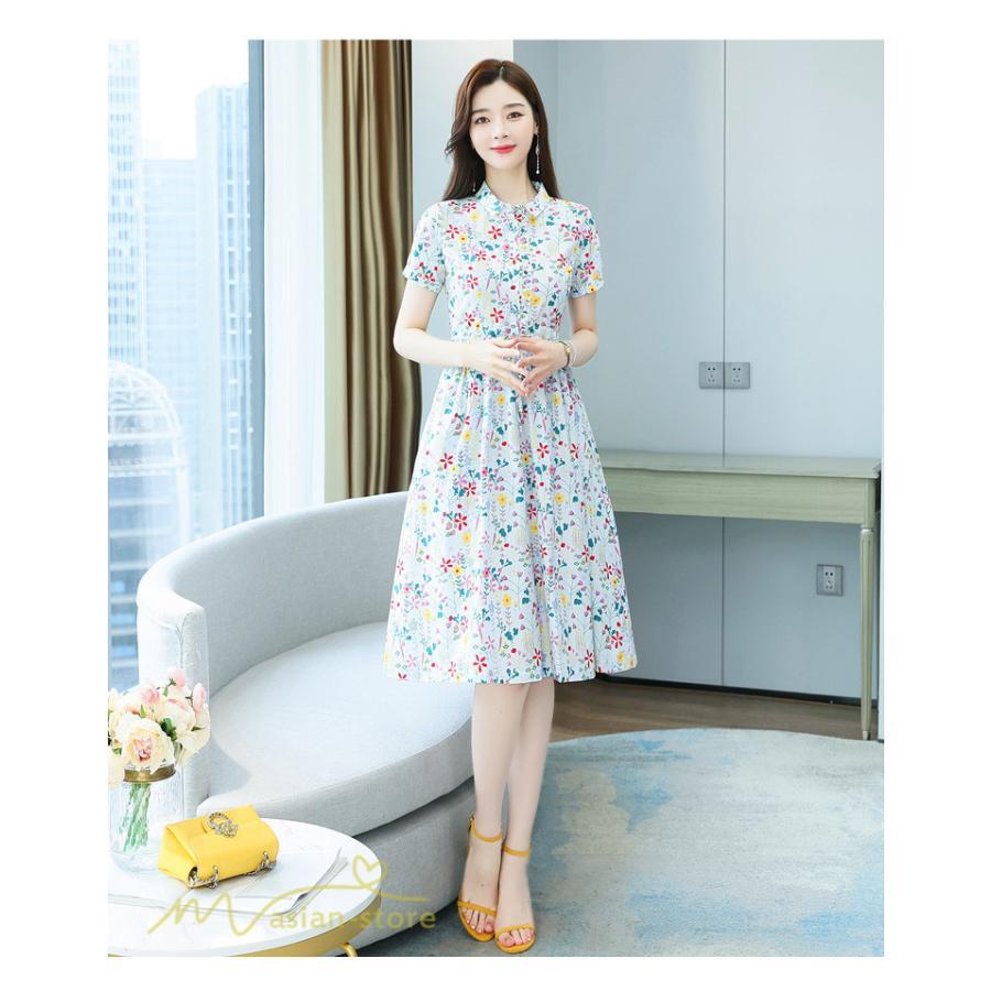 ミディアム | ワンピース レディース 花柄 サマーワンピース 半袖 シャツワンピース 夏 30代 40代 きれいめ プリント おしゃれ 膝丈 ミディアムワンピース 大きいサイズ