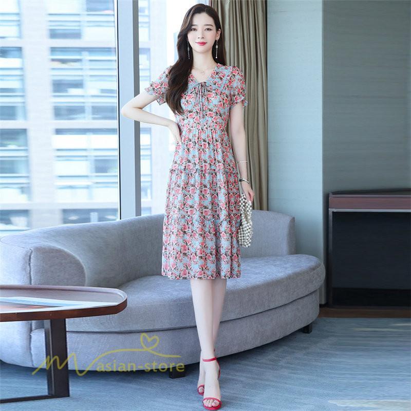 ミディアム | ワンピース レディース Aライン カジュアル Vネック サマー 半袖 ひざ丈 ミディアムワンピース 大きいサイズ 上品 花柄 着痩せ サマーワンピース 夏服