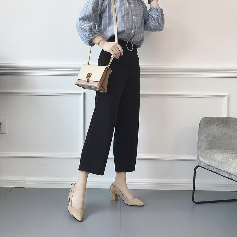 パンプス | スエード調 ポインテッドトゥ チャンキーヒール スエード太ヒール ストラップなし スリップオン バックリボン 無地 大きいサイズ ミドル