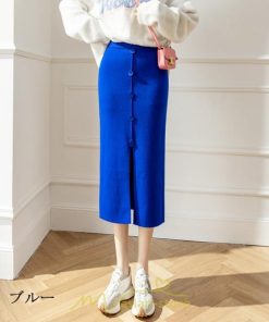 スカート | レディース ロング丈 ミモレ丈 ニット 秋冬 韓国風 スリット ハイウエスト Aライン 着痩せ 小柄 大人可愛い 20代30代40代50代 フェミニン 脚長効果