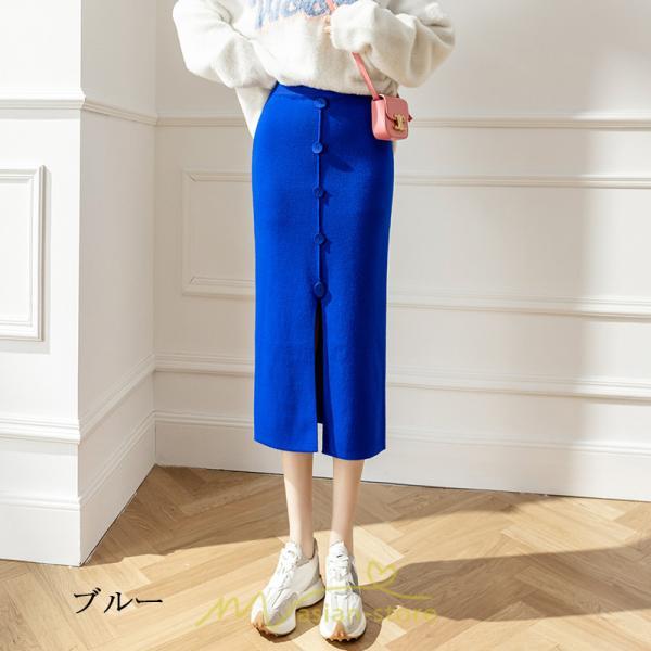 スカート | レディース ロング丈 ミモレ丈 ニット 秋冬 韓国風 スリット ハイウエスト Aライン 着痩せ 小柄 大人可愛い 20代30代40代50代 フェミニン 脚長効果